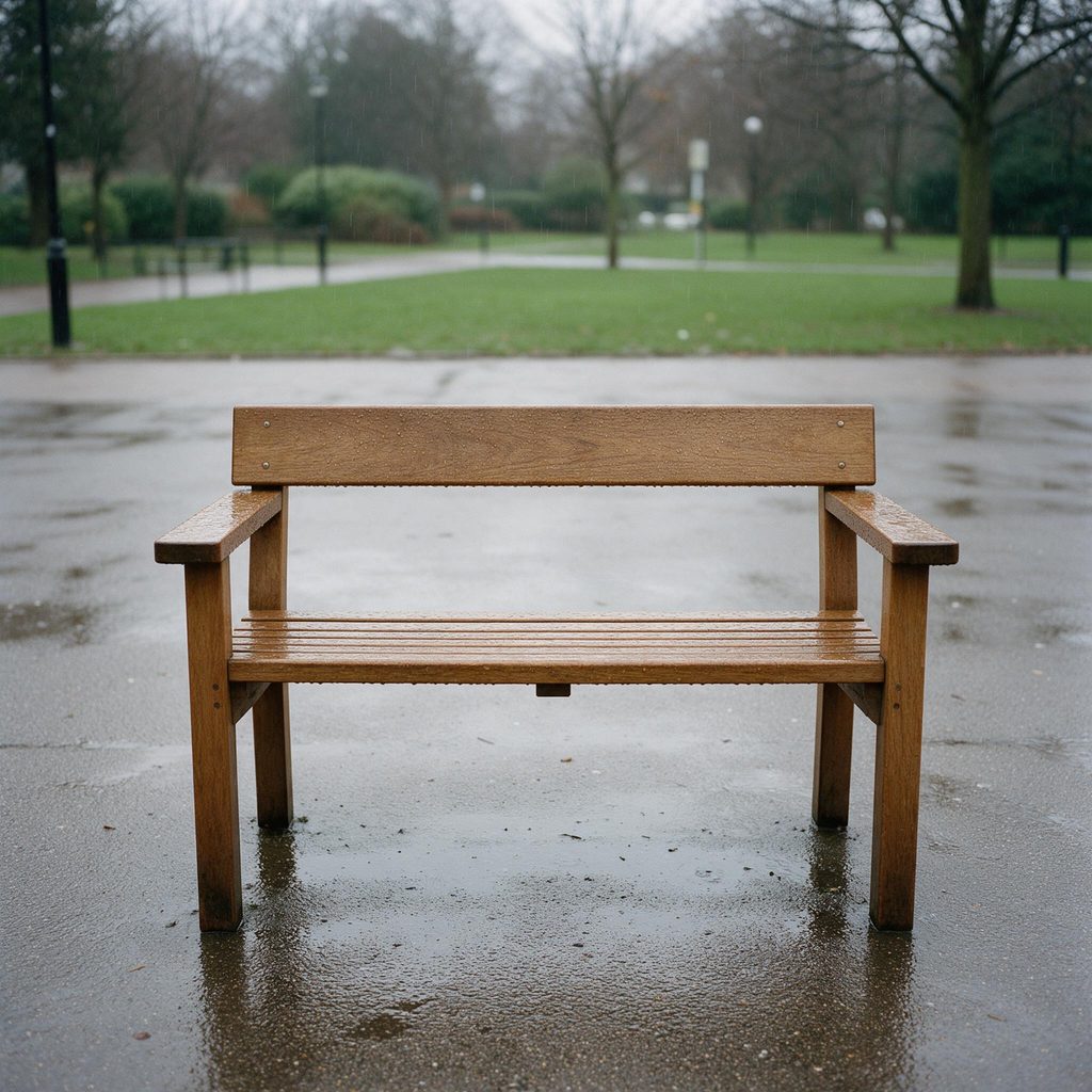 Empty wooden bench in rain