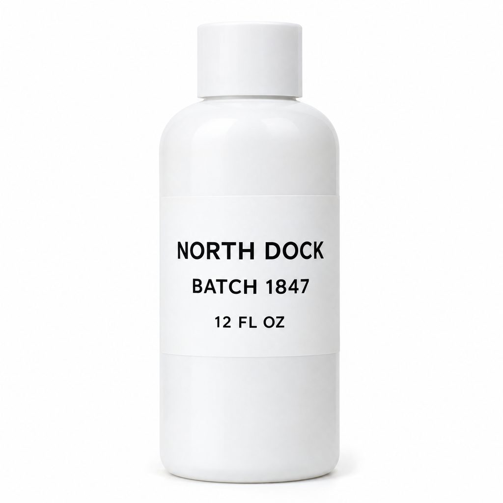 White bottle labeled NORTH DOCK, BATCH 1847, 12 FL OZ