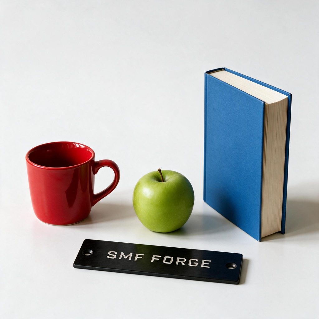 Nameplate reading SMF FORGE in front of the mug, apple, and book