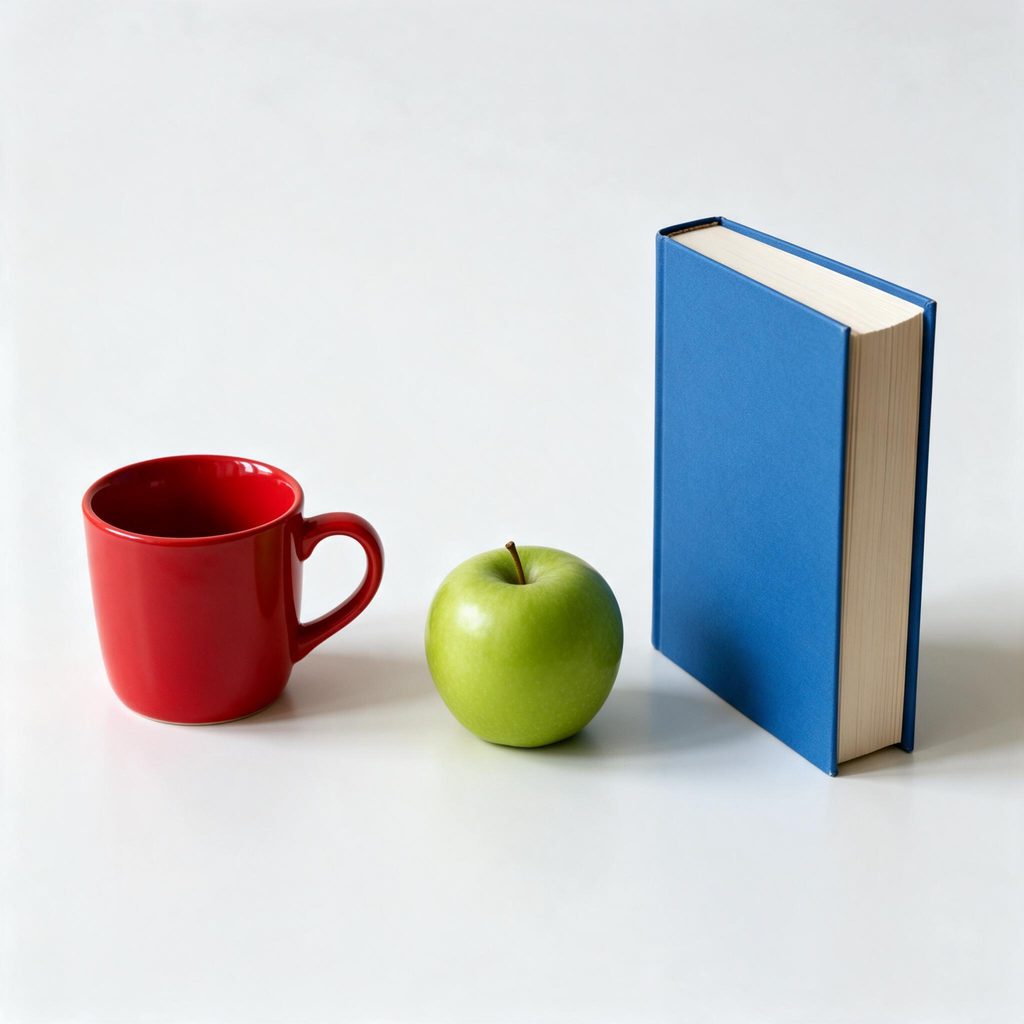 Red mug, green apple, blue book