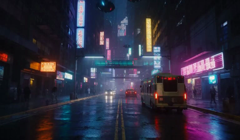 Neon-lit cyberpunk city at night