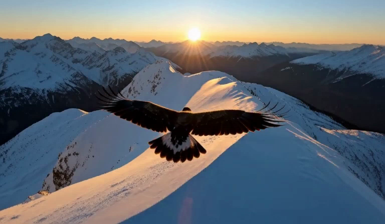 Eagle over snowy mountains at sunrise